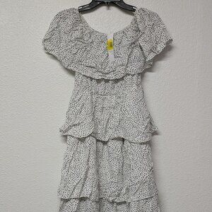 White and Black Polka Dot Ruffle Off-Shoulder Tiered Midi A-line Dress - Small